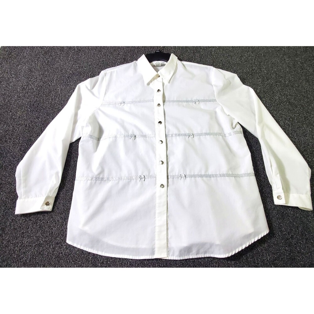 Vtg G.W. Division Of Graff Shirt Women's XL White Sparkly Silver Bows & Stripes